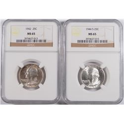 LOT OF ( 2 ) WASHINGTON QUARTERS  NGC MS-65: 1942 AND 1944-S