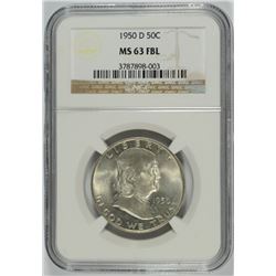 1950-D FRANKLIN HALF DOLLAR, NGC MS-63 FBL