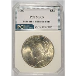 1922 PEACE SILVER DOLLAR, PCI MS-65 GEM WHITE COIN