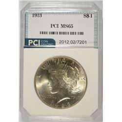 1923 PEACE SILVER DOLLAR, PCI MS-65 GEM WHITE COIN