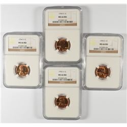 2 1954-S, & 2 55-S LINCOLN CENTS NGC MS-66 RD