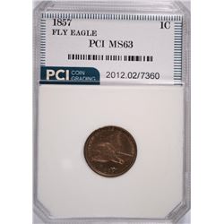 1857 FLYING EAGLE CENT, PCI MS-63 NICE