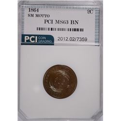 1864 2-CENT PIECE SMALL MOTTO, PCI MS-63 BN RARE!!