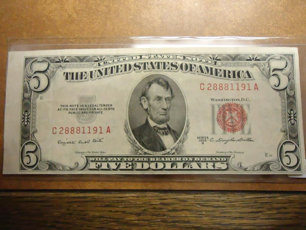 MISCUT ERROR 1953-B $5 RED SEAL US NOTE EXTRA ...