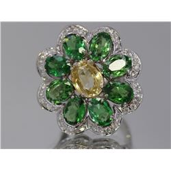 Yellow Sapphire, Tsavorite  14.34 ctw & Diamond Flower Ring 14KW