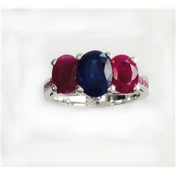 PINK SAPPHIRE 0.13CT / RUBY 2.11CT / BLUE SAPPHIRE 1.51CT, 14K W/G RING 5.10GRAM / DIAMOND RD 0.03CT