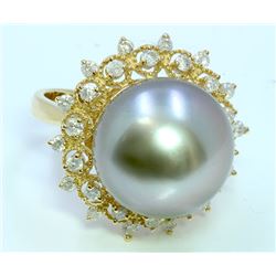 Diamond 0.75 ct Ring, Pearl Approx.14.5mm, 9.07gr 14K Yellow Gold