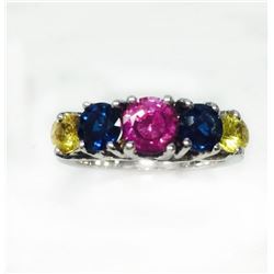 PINK SAPPHIRE 0.91CT, 14K W/G RING 5.59GRAM / DIAMOND 0.11CT / YELLOW ,BLUE SAPPHIRE 1.91CT