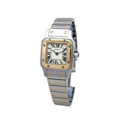 Lady's Cartier 18k Gold & Stainless Steel Santos Galbee Watch. Silver Roman Numeral Dial. 18k Yellow