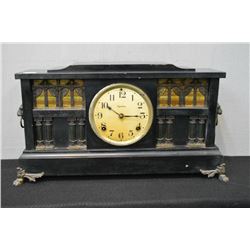 Antique The Ingraham Clock Co.  Palace  regulating mantle clock with cast feet, column and lions hea