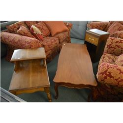 Three mismatched occasional tables including a coffee table, a step table and a waterfall night tabl