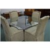 Image 1 : Modern dining suite including glass topped table with wooden center base and four fully upholstered 
