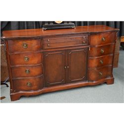 Regency style mahogany sideboard with ten drawers including flatware storage, and double doors