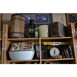 Two shelf lots of collectibles including bubble gum counter display, nail barrel, enamelware, sad ir