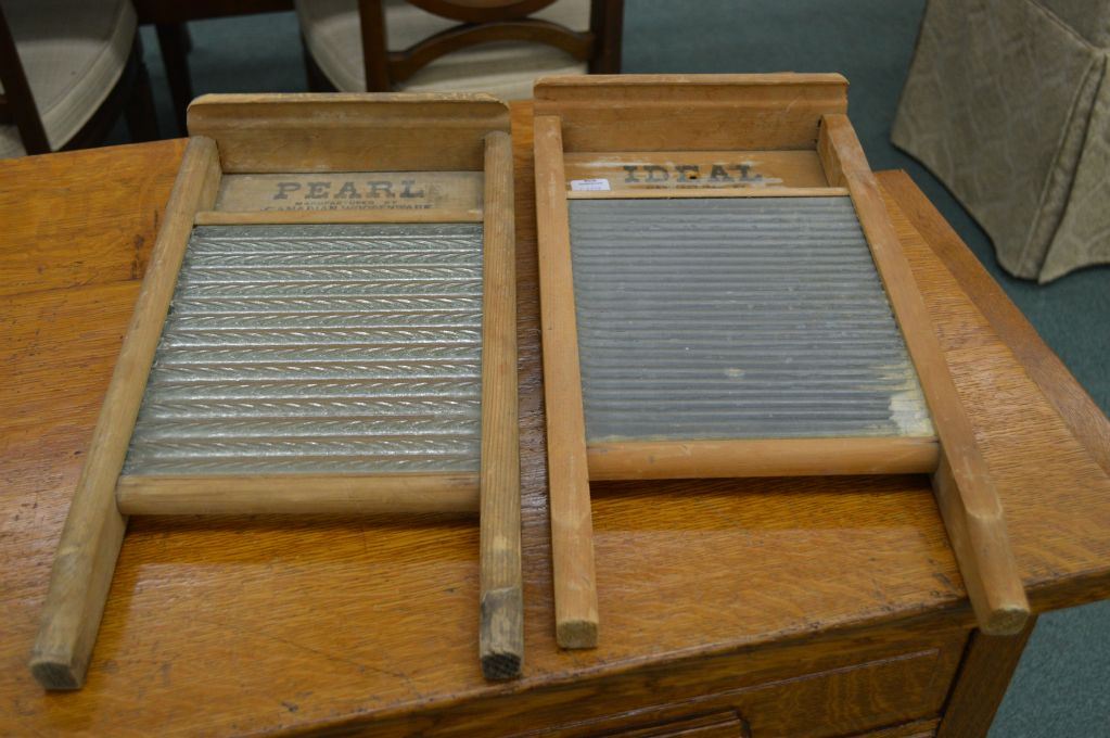 Two small vintage washboards, one Pearl wood and glass and an Ideal
