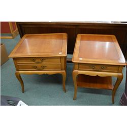 Two fruit wood side tables in complimentary styles including square table with two drawers and recta