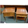 Image 1 : Two fruit wood side tables in complimentary styles including square table with two drawers and recta