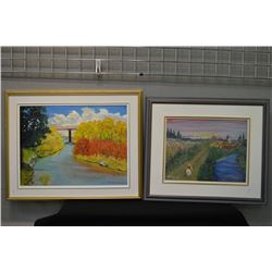 Two framed oil on canvas paintings including horse and cowboy scene 14  X 18  and a bridge and river