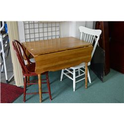 Double drop leaf kitchen table and two mismatched painted chair