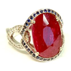 Ruby 8.45Ct / Blue Sapphire 0.43Ct / Diamond 0.40CT / 14K White Gold Ring 5.82 Gram