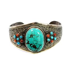 Sterling Silver .925 Turquoise w/ Red Coral Cuff Bangle