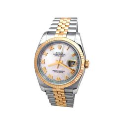 36mm Gents Rolex 18k Gold & Stainless Steel Oyster Perpetual Datejust Watch. Mother Of Pearl Roman N