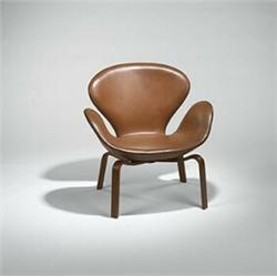 Arne Jacobsen, Swan chair, Fritz Hansen, Denmark, 1958, leather, laminated teak, 28.5"w...