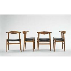 Hans Wegner, Cowhorn chair set of four, Johannes Hansen, Denmark, 1952, teak, leather, ...