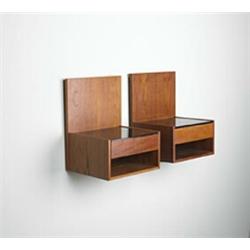 Hans Wegner, nightstands, pair, Gaetama, Denmark, 1960s, teak, black glass, 50.5"w x 13...