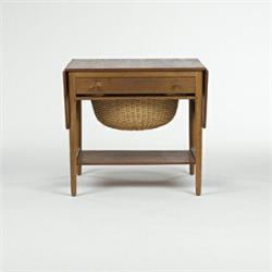 Hans Wegner, sewing table, Andr. Tuck, Denmark, 1960s, teak, caning, 26.5"w x 22.5"d x ...