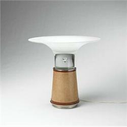 Vistosi, attribution, table lamp, Italy, 1950s, glass, leather, metal, 18"dia x 17.5"h...