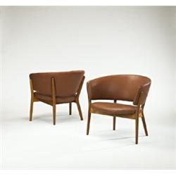 Nanna and Jorgen Ditzel, lounge chairs, pair, Poul Kold, Denmark, 1952, teak, leather, ...