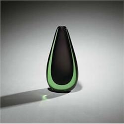 Flavio Poli, Sommerso vase, Seguso, Italy, 1950s, 13"h, Purple drop cased in green glas...