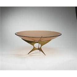 Fontana Arte, centerpiece, Italy, 1950s, glass, brass, 9.5"dia x 8.5"h, A large glass b...