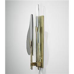 Max Ingrand, sconce, Fontana Arte, Italy, 1956, brass, glass, 6"w x 5.25"d x 29.75"h...
