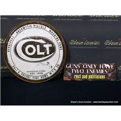LOT: DECORATIVE METAL SIGNS "COLT GUNS" & "GUNS HAVE ENEMIES" 2X MONEY