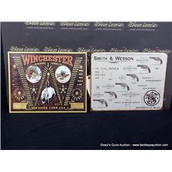 LOT: DECORATIVE METAL SIGNS "SMITH & WESSON PISTOLS" & "WINCHESTER" 2X MONEY