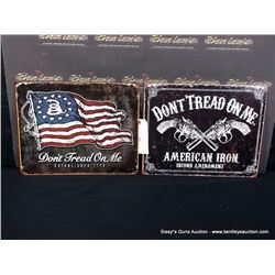 LOT: DECORATIVE METAL SIGNS "DON'T TREAD ON ME FLAG" & "DON'T TREAD ON ME GUNS" 2X MONEY