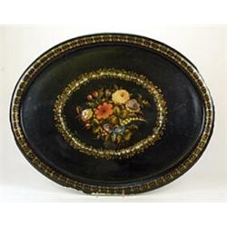 A Victorian papier mache oval tray, painted with flowers within mother-of-pearl and gilt borders,...