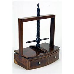 A mahogany and boxwood strung linen press, with plain supports, turned wood screws and oak slats,...