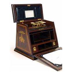 An early 20th century mahogany and floral marquetry stationery box by Thornhill, the hinged top e...