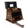 Image 1 : An early 20th century mahogany and floral marquetry stationery box by Thornhill, the hinged top e...