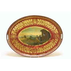 An early 19th century tole peint oval tray, the central oval painted with soldiers in a landscape...