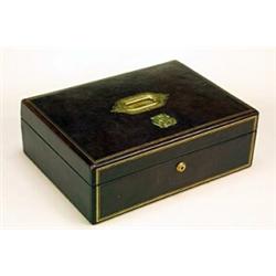 A mid 19th century Morocco leather box with gilt metal handle, monogram and Bramah lock, 13 high...