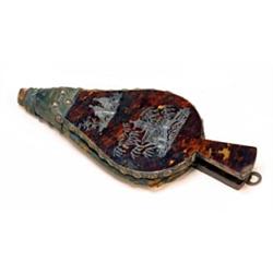 A tortoiseshell and silver inlaid bellows, with chinoiserie figures and a pagoda, with leather si...