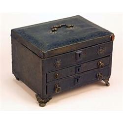 An early 19th century black leather work box with a label for 'Elizabeth Mortimore, May 20th 1828...