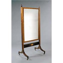 A late 19th century Sheraton revival mahogany, marquetry, boxwood and ebony strung cheval mirror,...