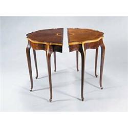 A pair of mahogany, tulipwood crossbanded and boxwood strung console tables, each shaped top with...