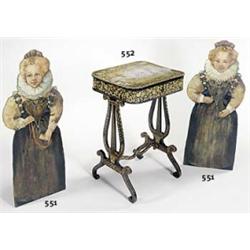 A pair of dummy boards painted as young girls in 17th century dress, on elm boards, 89cm high...