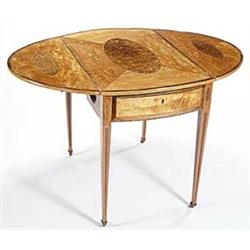 A satinwood oval Pembroke table in George III style, with yew and burr yew ovals, boxwood and har...